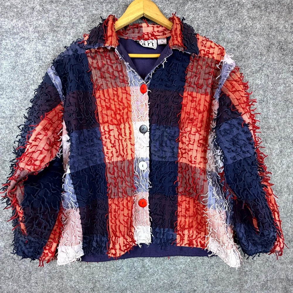Vintage Keren Hart Shabby Jacket‎ Womens Medium Red White Blue Plaid Shaggy